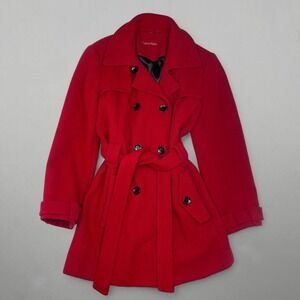 Calvin Klein Wool Pea Coat in Red Women's Medium Belted Twee Winter Retro Button
